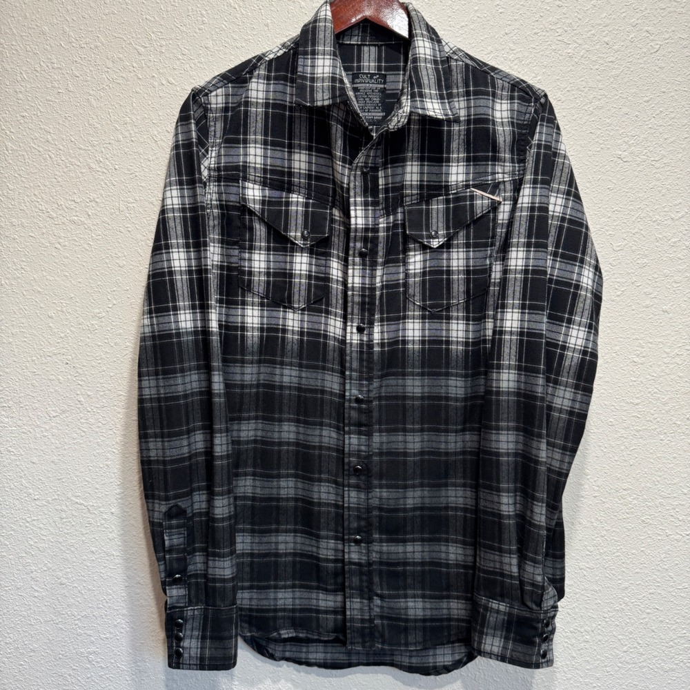 Cult of Individuality Mens Plaid Ombre Snap Western Shirt Black Grey Medium